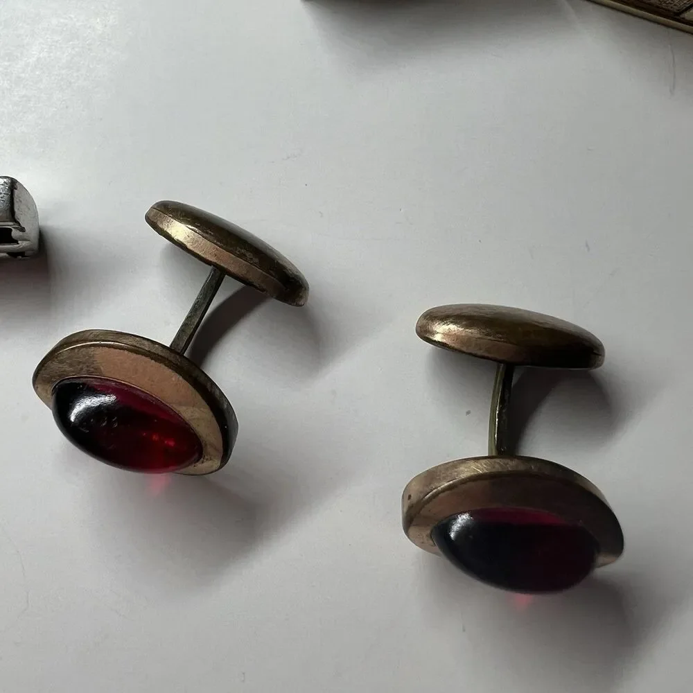 Vintage Mens Jewelry Cufflinks Lot Hickok Pat Marked Brick Red Cabochon Retro